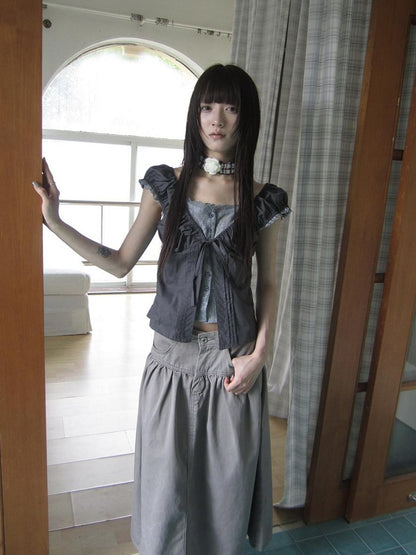 ang project Gray Floral Lace Patchwork Fake Two Piece Puff Sleeve Square Neck Women&