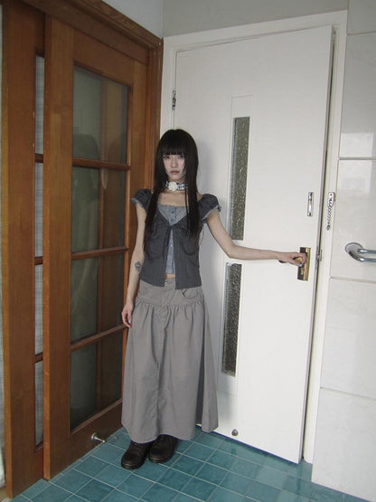 ang project Gray Floral Lace Patchwork Fake Two Piece Puff Sleeve Square Neck Women&