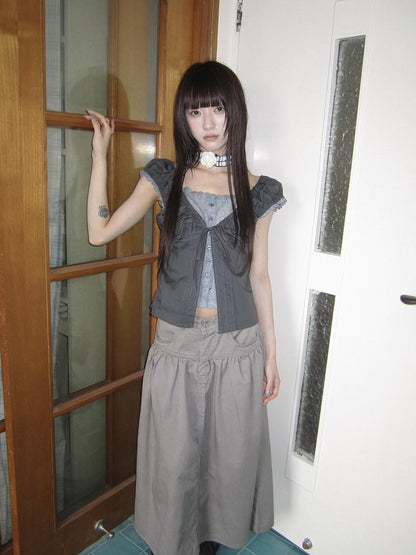 ang project Gray Floral Lace Patchwork Fake Two Piece Puff Sleeve Square Neck Women&