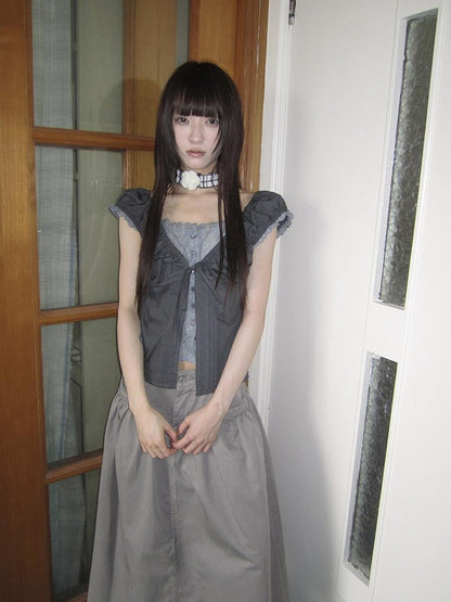 ang project Gray Floral Lace Patchwork Fake Two Piece Puff Sleeve Square Neck Women&