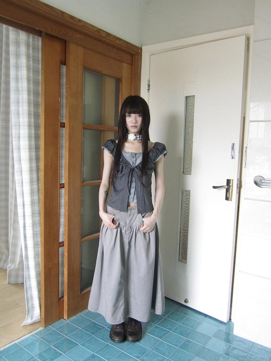 ang project Gray Floral Lace Patchwork Fake Two Piece Puff Sleeve Square Neck Women&