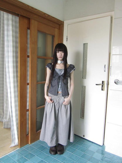 ang project Gray Floral Lace Patchwork Fake Two Piece Puff Sleeve Square Neck Women&
