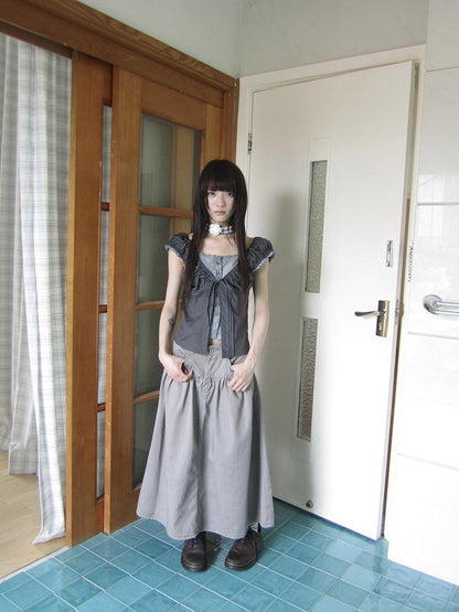 ang project Gray Floral Lace Patchwork Fake Two Piece Puff Sleeve Square Neck Women&