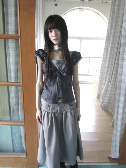 ang project Gray Floral Lace Patchwork Fake Two Piece Puff Sleeve Square Neck Women&