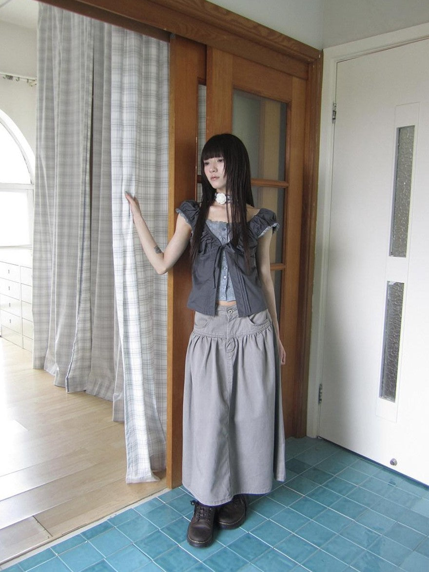 ang project Gray Floral Lace Patchwork Fake Two Piece Puff Sleeve Square Neck Women&