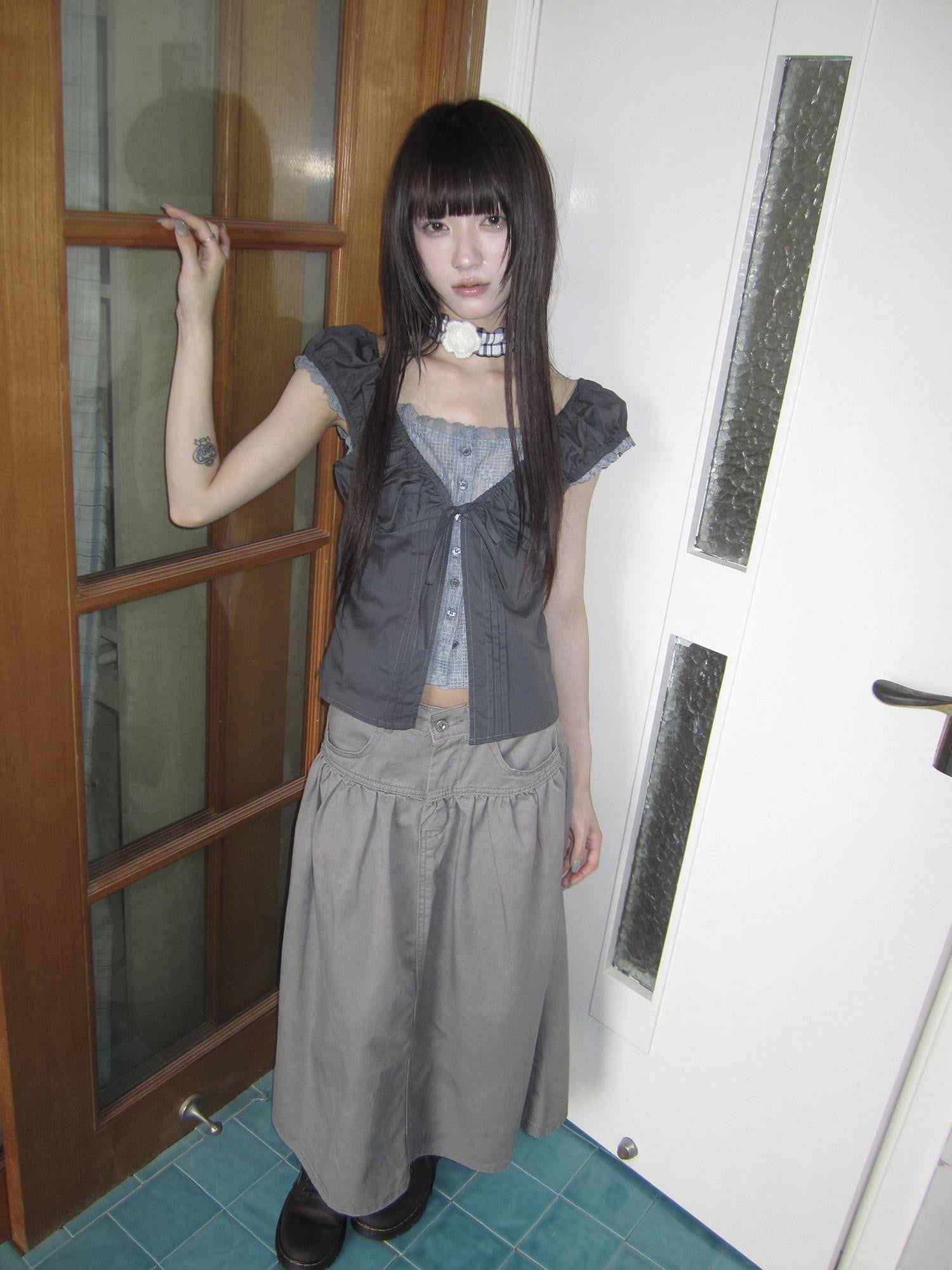 ang project Gray Floral Lace Patchwork Fake Two Piece Puff Sleeve Square Neck Women&