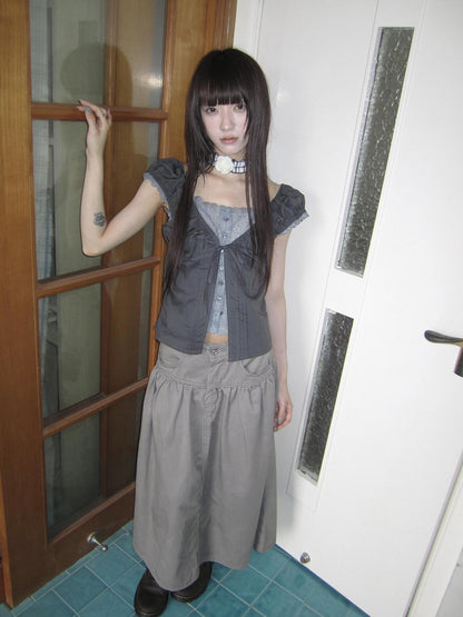 ang project Gray Floral Lace Patchwork Fake Two Piece Puff Sleeve Square Neck Women&