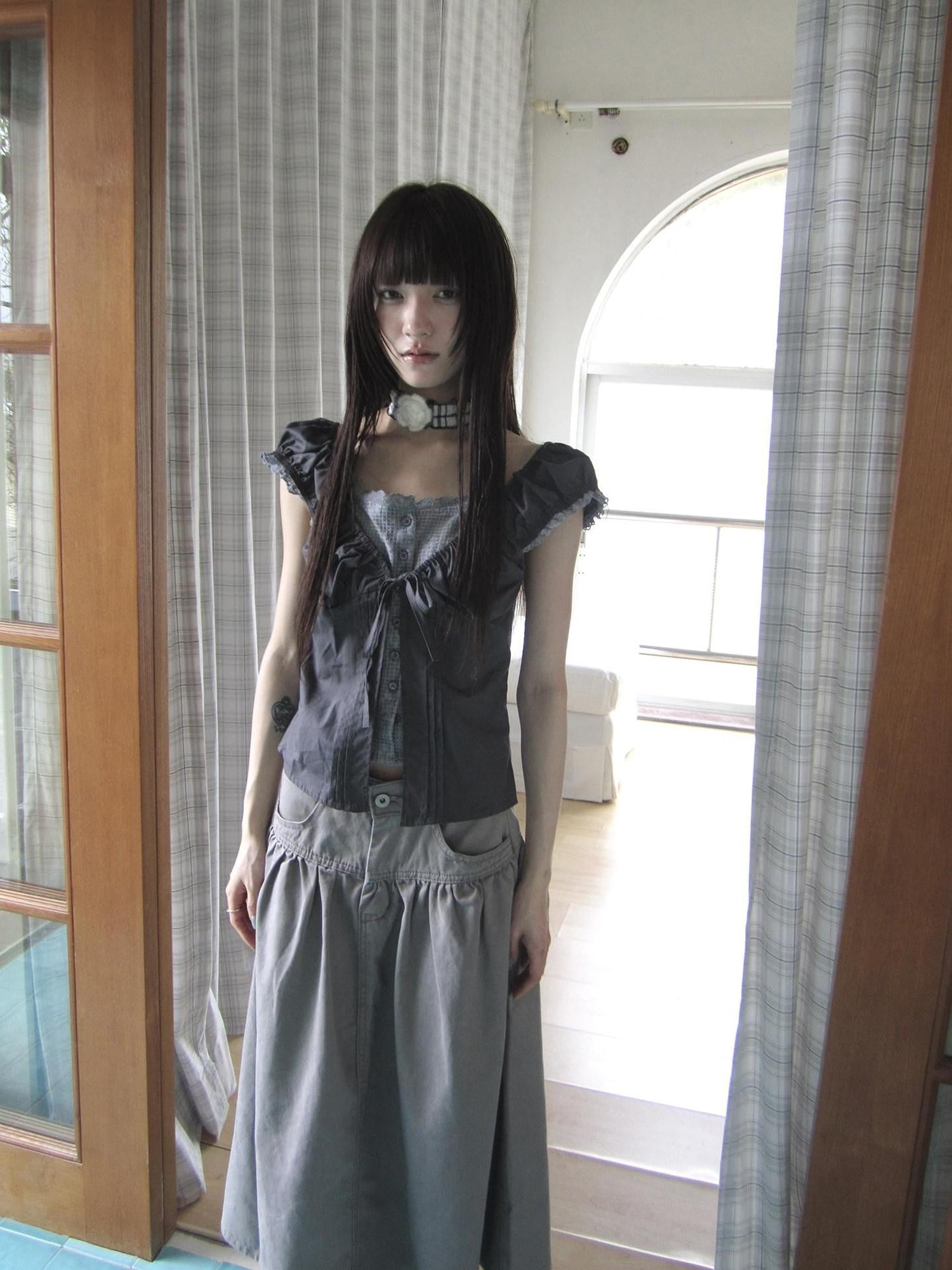 ang project Gray Floral Lace Patchwork Fake Two Piece Puff Sleeve Square Neck Women&