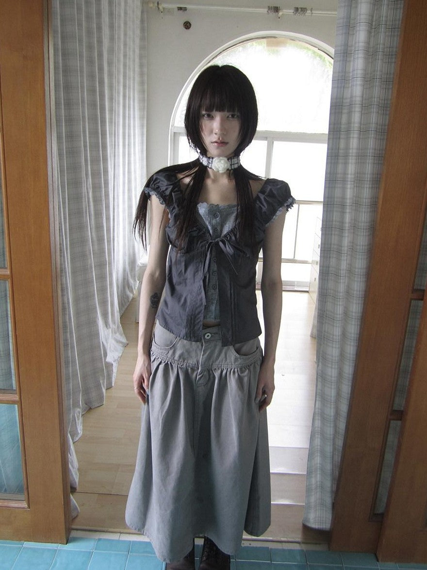 ang project Gray Floral Lace Patchwork Fake Two Piece Puff Sleeve Square Neck Women&