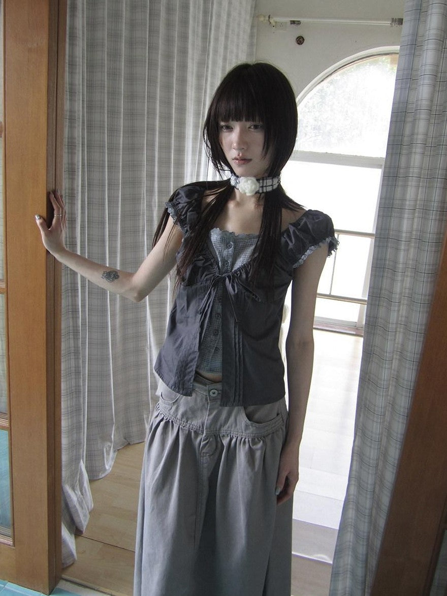 ang project Gray Floral Lace Patchwork Fake Two Piece Puff Sleeve Square Neck Women&