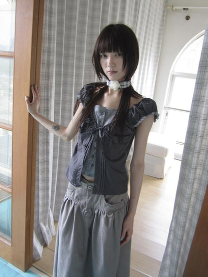 ang project Gray Floral Lace Patchwork Fake Two Piece Puff Sleeve Square Neck Women&