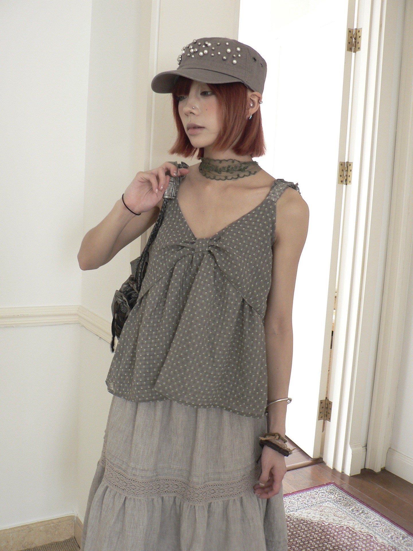 ang_project_Gray_Green_Floral_Polka_Dot_Bow_V-neck_Women&