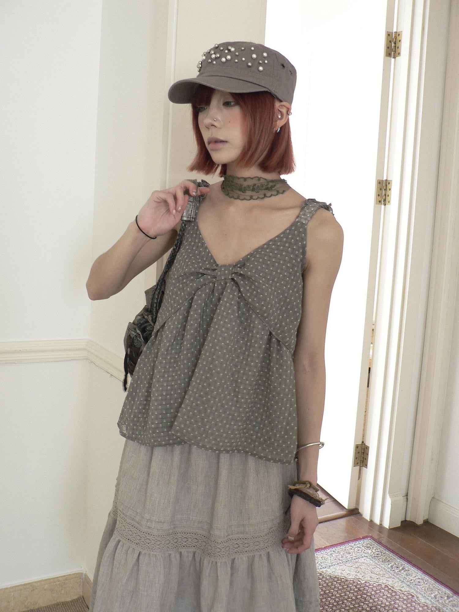 ang project Gray Green Floral Polka Dot Bow V-neck Women&