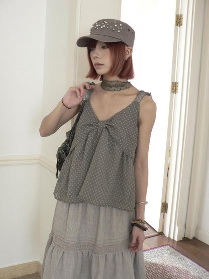 ang project Gray Green Floral Polka Dot Bow V-neck Women&