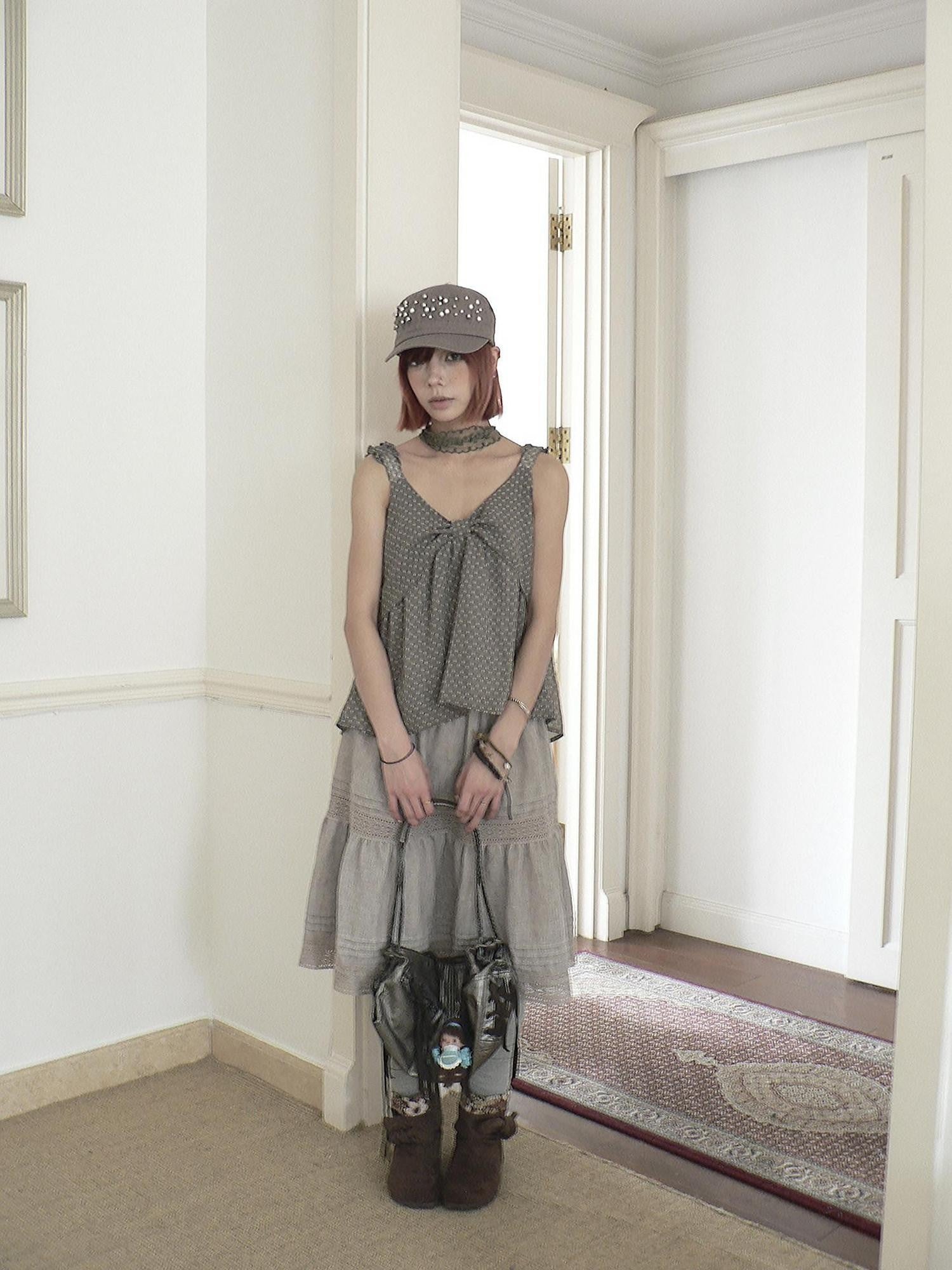 ang project Gray Green Floral Polka Dot Bow V-neck Women&