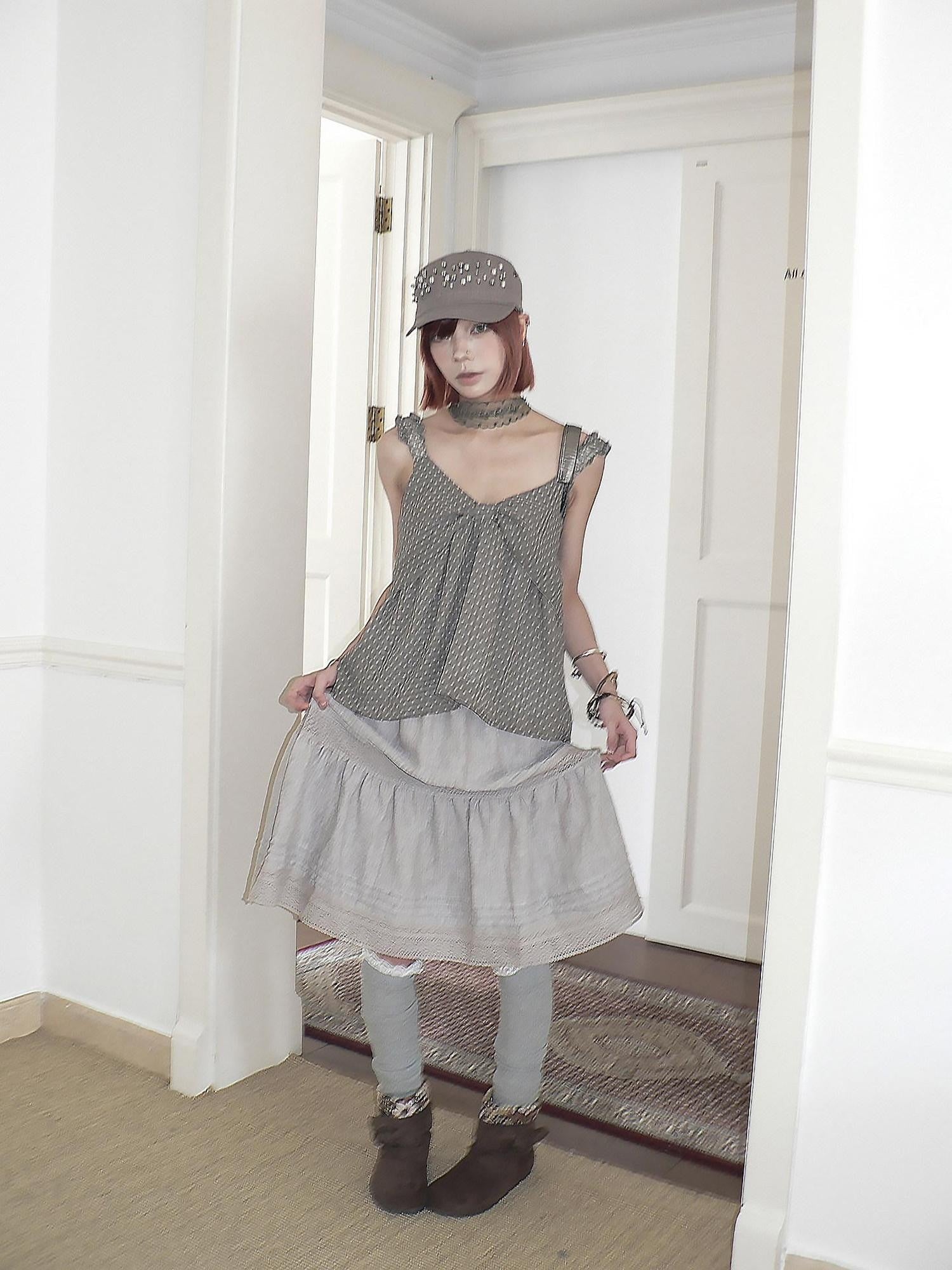 ang project Gray Green Floral Polka Dot Bow V-neck Women&