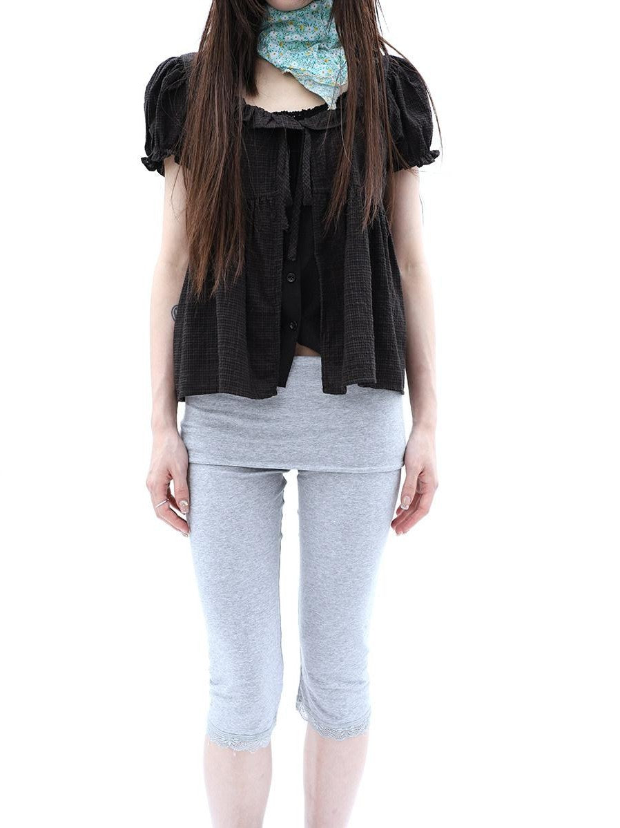 ang project Gray Lace Splice Cuffed Hem Tapered Slim Elastic Waist Women&