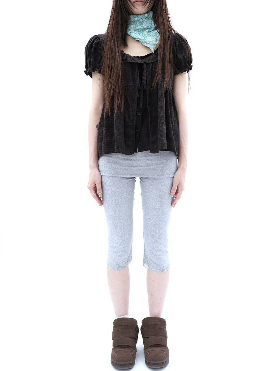 ang project Gray Lace Splice Cuffed Hem Tapered Slim Elastic Waist Women&