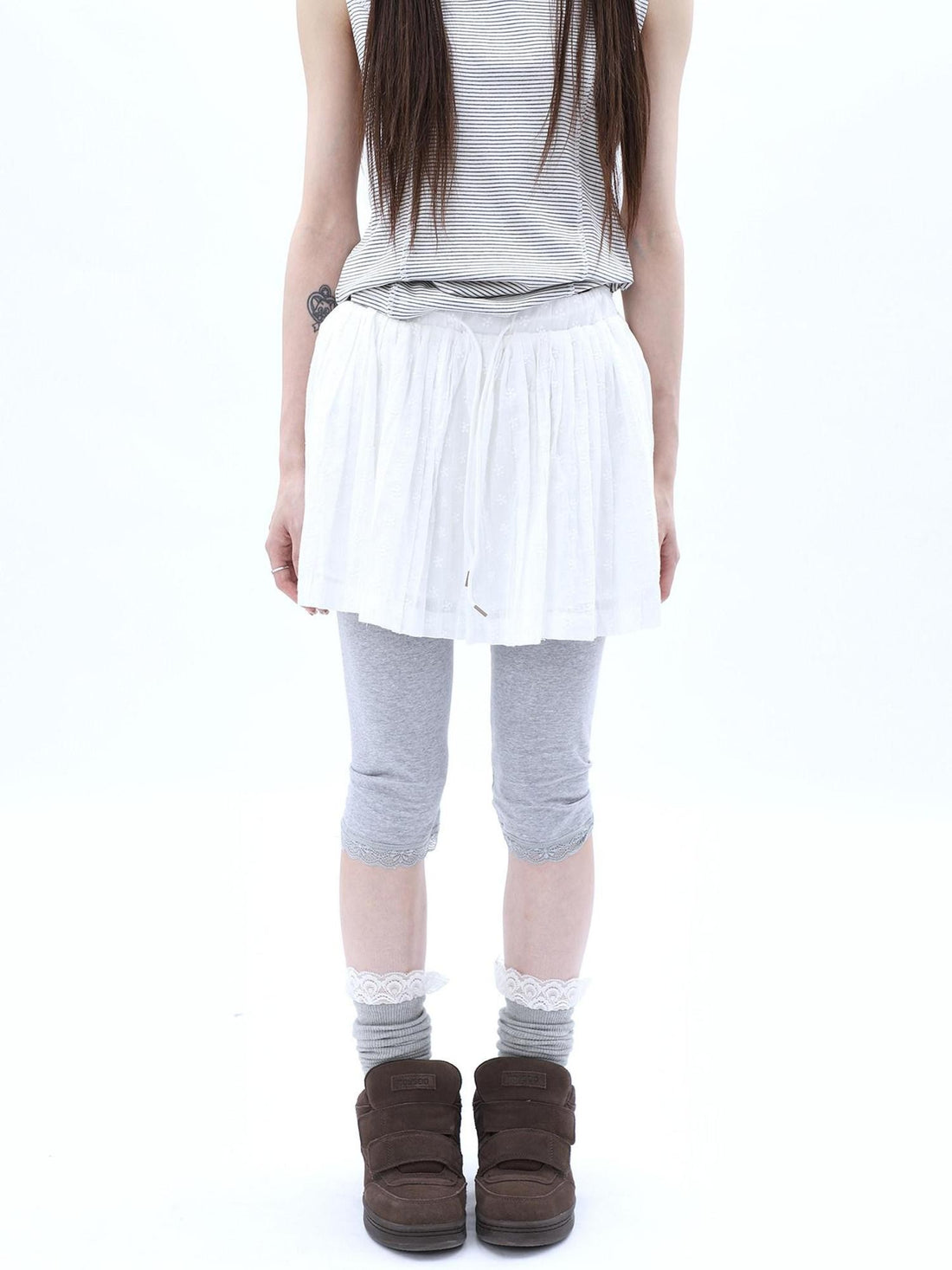 ang project Gray Lace Splice Cuffed Hem Tapered Slim Elastic Waist Women&