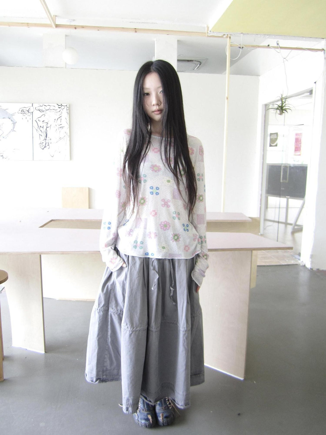 ang project Gray Pink Floral Plaid Mesh Print Round Neck Women&