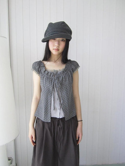 ang project Gray Plaid Lace Tie Puff Sleeve Slim Fit Vintage Women&