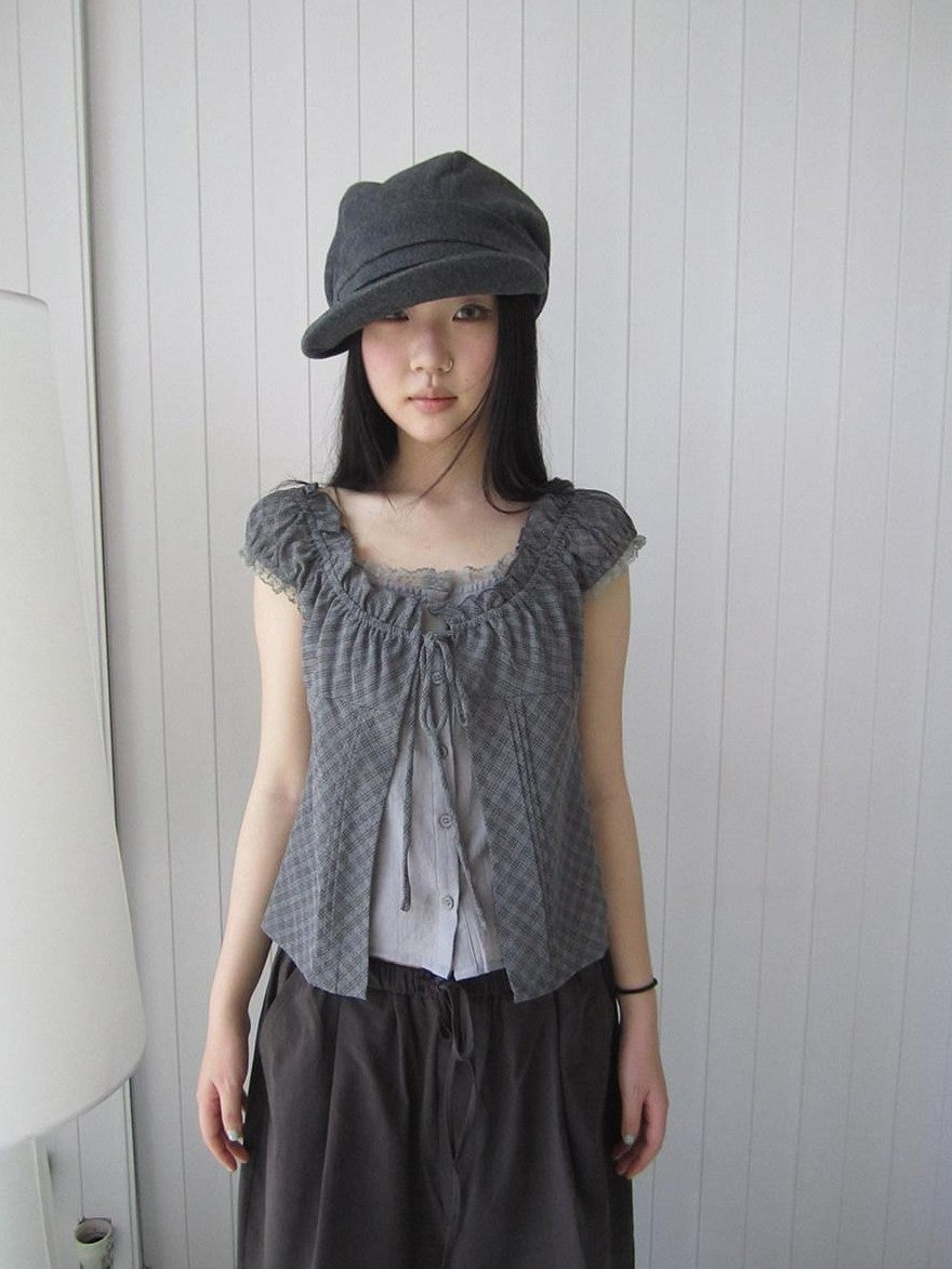 ang project Gray Plaid Lace Tie Puff Sleeve Slim Fit Vintage Women&