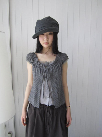 ang project Gray Plaid Lace Tie Puff Sleeve Slim Fit Vintage Women&