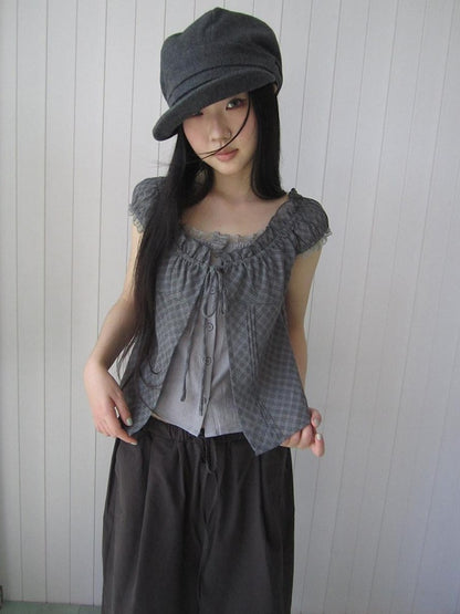 ang project Gray Plaid Lace Tie Puff Sleeve Slim Fit Vintage Women&