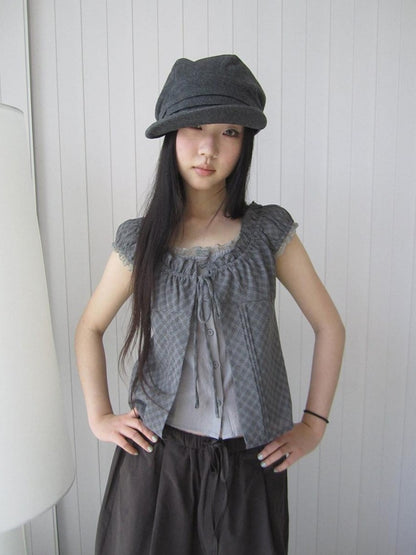 ang project Gray Plaid Lace Tie Puff Sleeve Slim Fit Vintage Women&