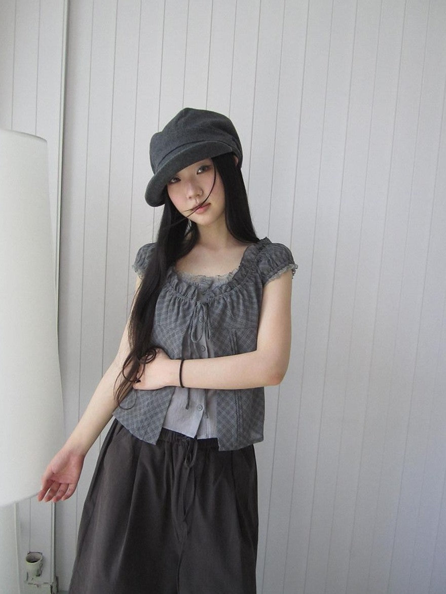 ang project Gray Plaid Lace Tie Puff Sleeve Slim Fit Vintage Women&