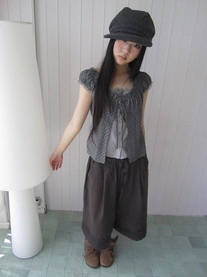 ang project Gray Plaid Lace Tie Puff Sleeve Slim Fit Vintage Women&