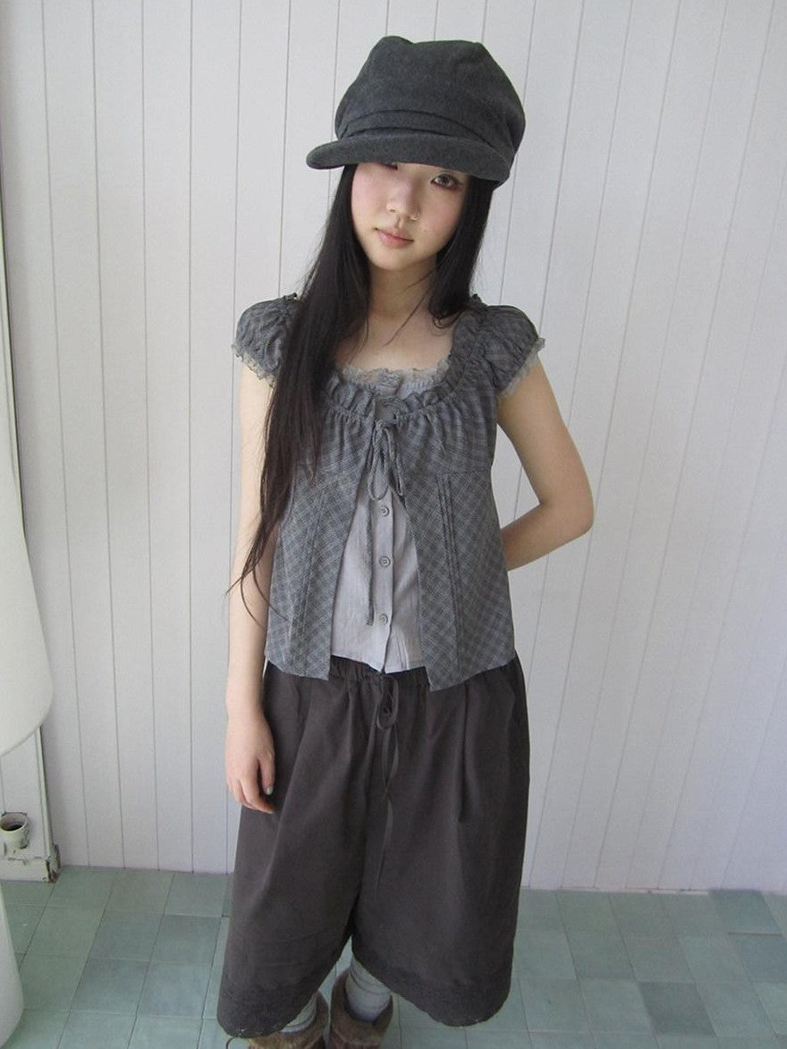 ang project Gray Plaid Lace Tie Puff Sleeve Slim Fit Vintage Women&