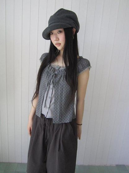 ang project Gray Plaid Lace Tie Puff Sleeve Slim Fit Vintage Women&