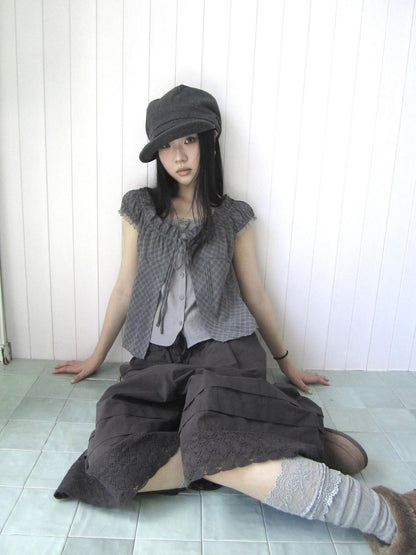 ang project Gray Plaid Lace Tie Puff Sleeve Slim Fit Vintage Women&