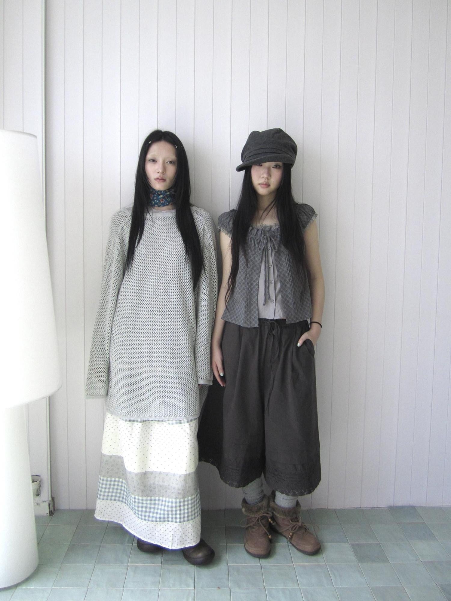 ang project Gray Plaid Lace Tie Puff Sleeve Slim Fit Vintage Women&