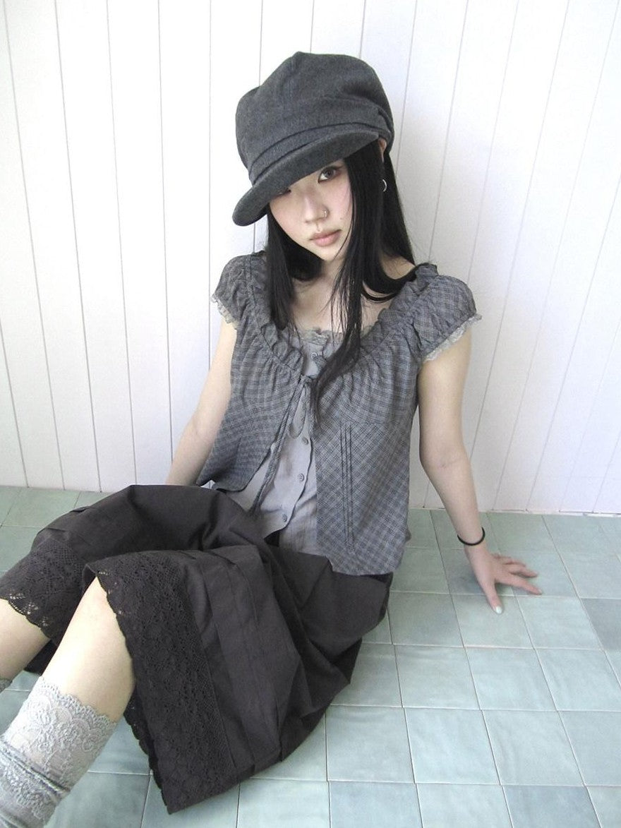 ang project Gray Plaid Lace Tie Puff Sleeve Slim Fit Vintage Women&