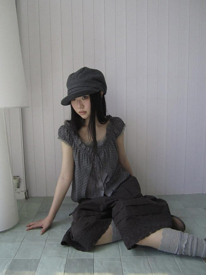 ang project Gray Plaid Lace Tie Puff Sleeve Slim Fit Vintage Women&