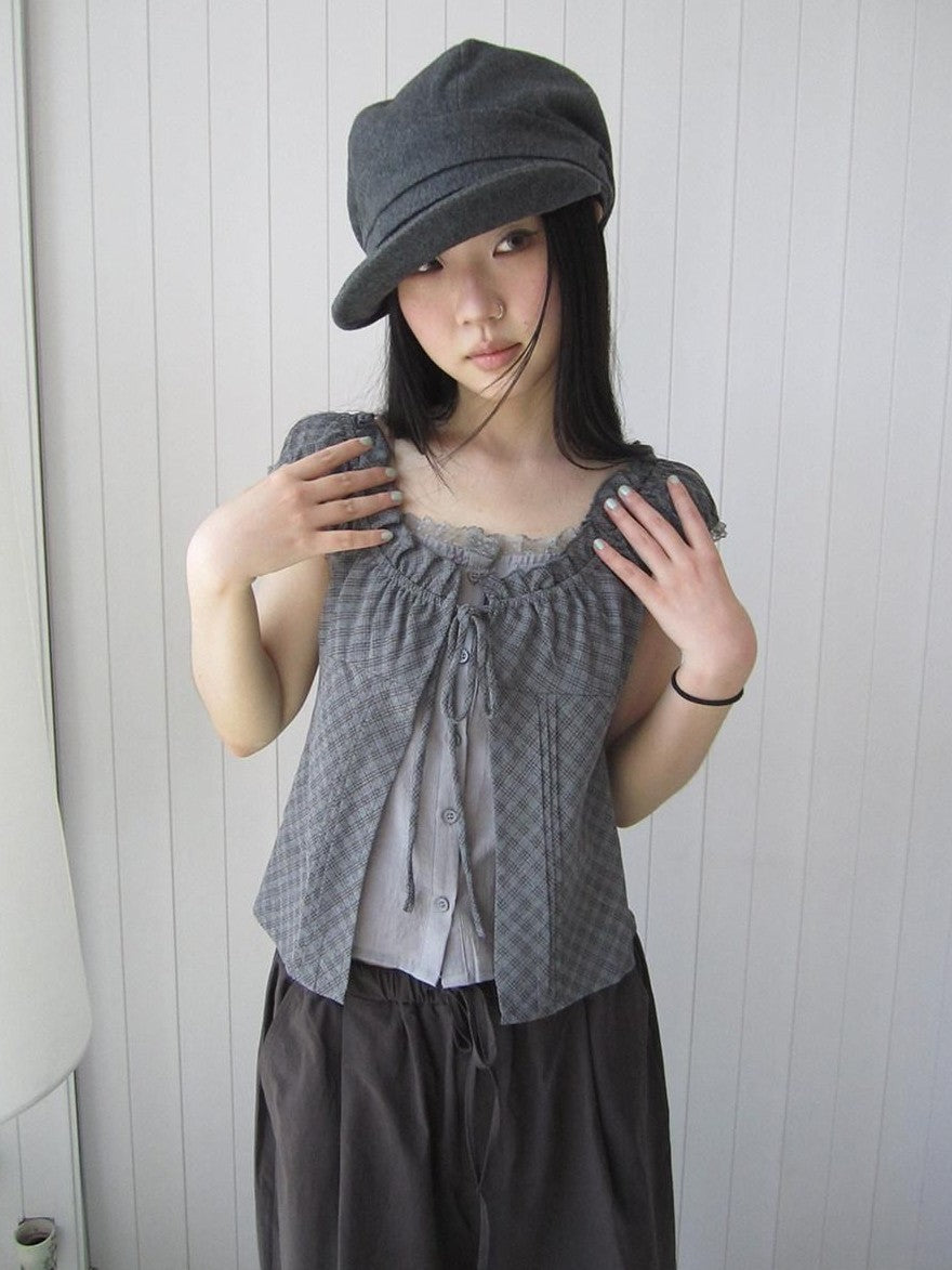 ang project Gray Plaid Lace Tie Puff Sleeve Slim Fit Vintage Women&