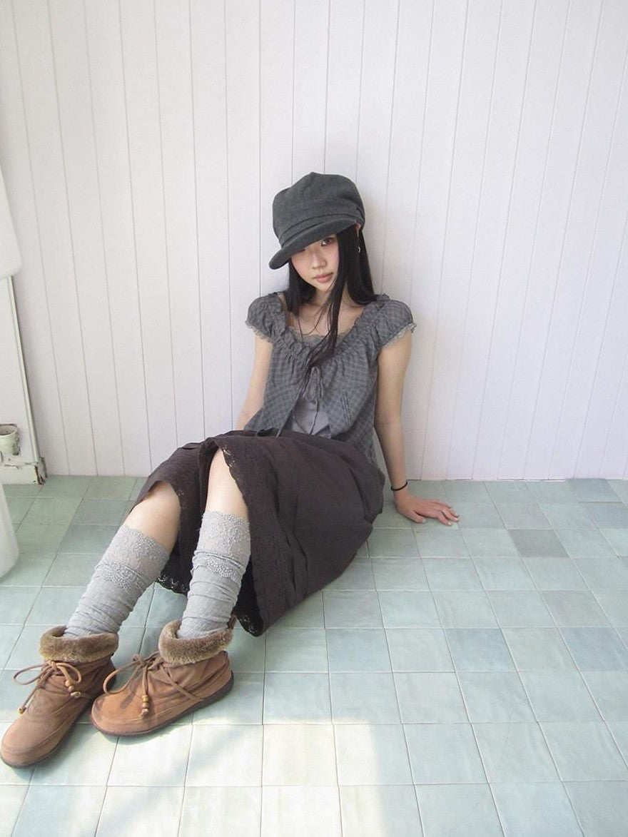 ang project Gray Plaid Lace Tie Puff Sleeve Slim Fit Vintage Women&
