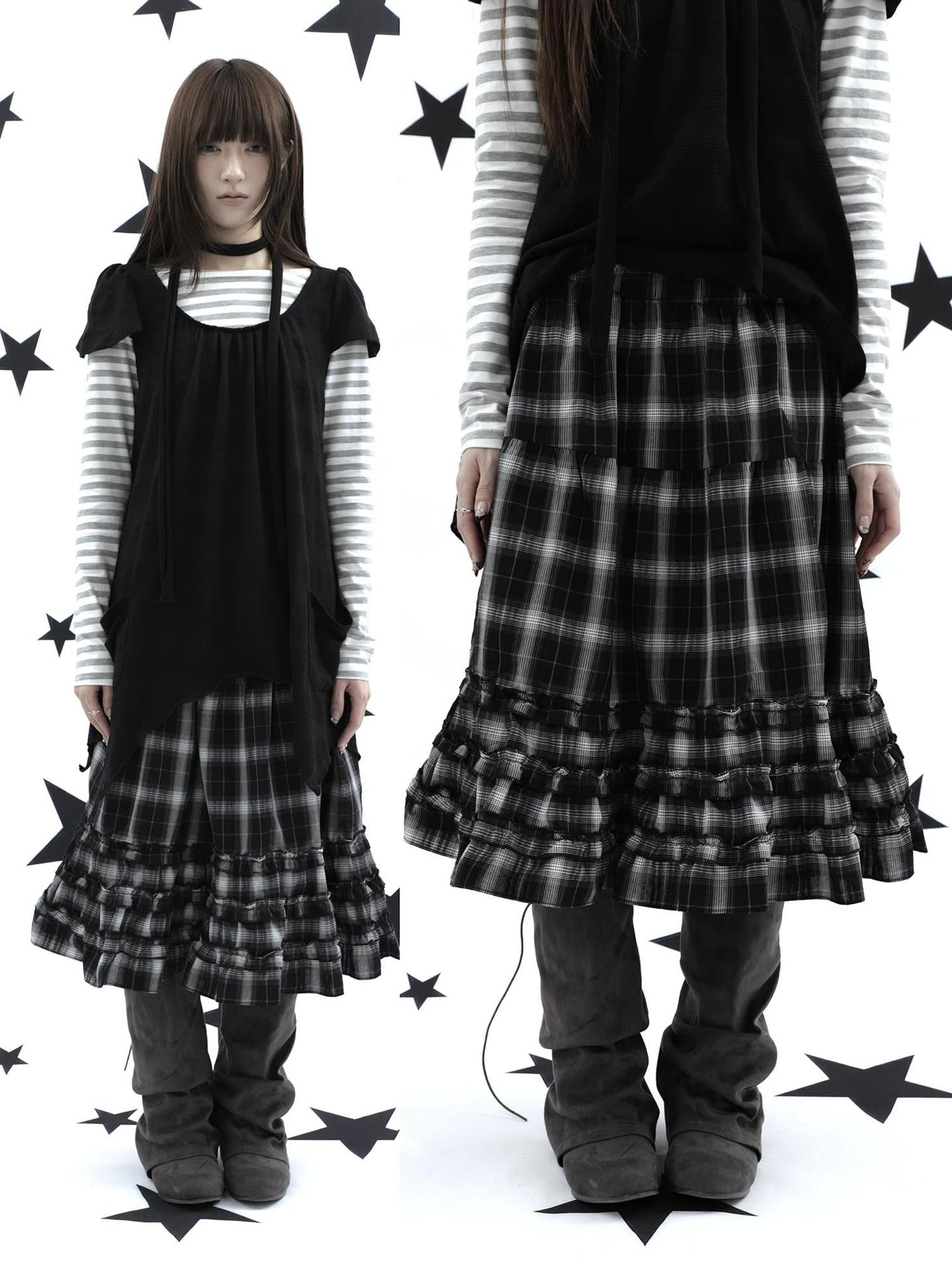 ang project Gray Plaid Ruffle Trim Patchwork Print Elastic Waist A Line Women&