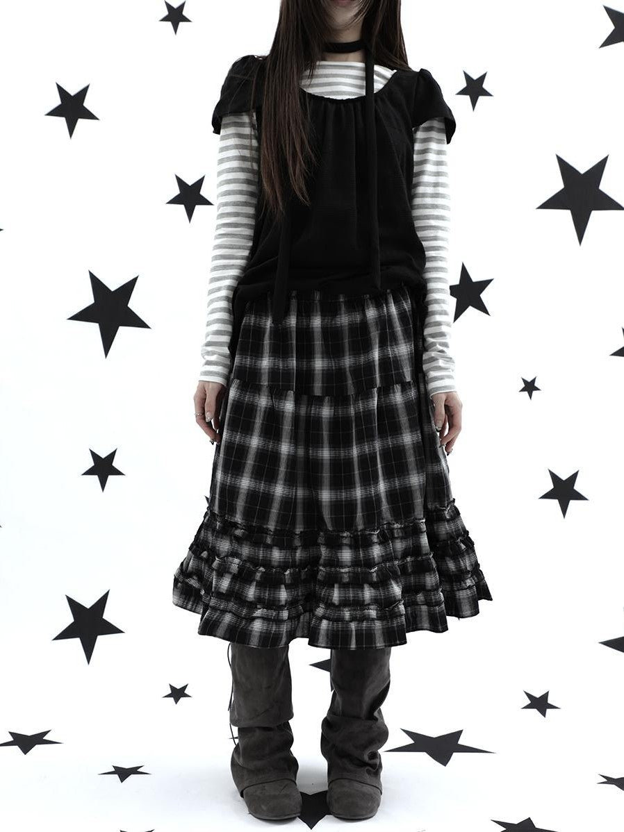 ang project Gray Plaid Ruffle Trim Patchwork Print Elastic Waist A Line Women&