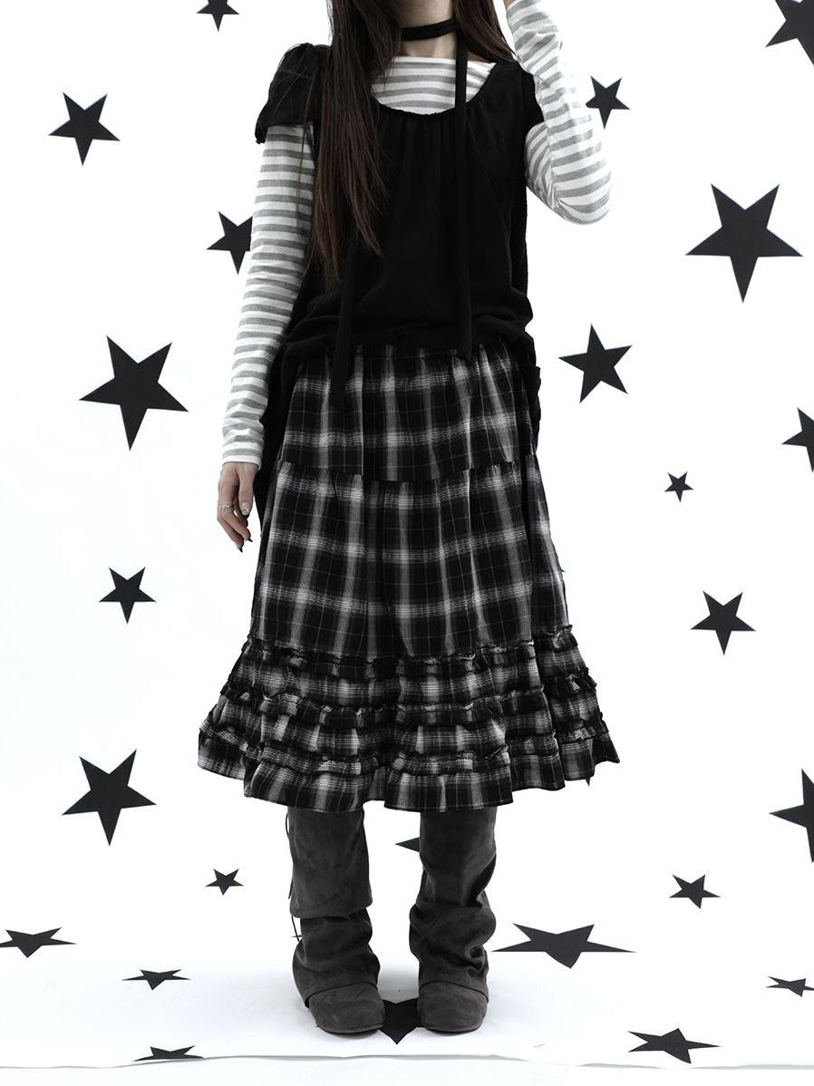 ang project Gray Plaid Ruffle Trim Patchwork Print Elastic Waist A Line Women&