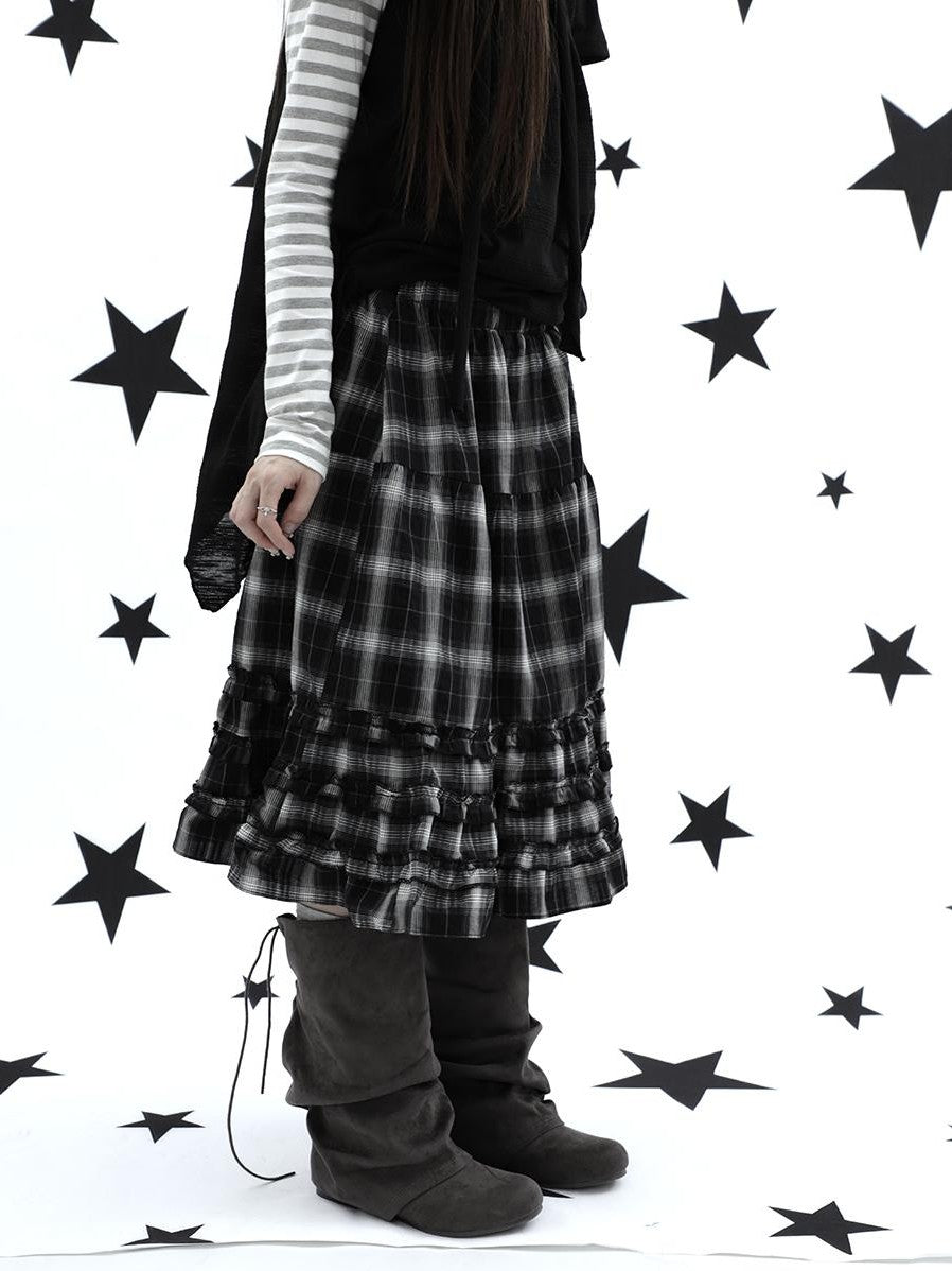 ang project Gray Plaid Ruffle Trim Patchwork Print Elastic Waist A Line Women&