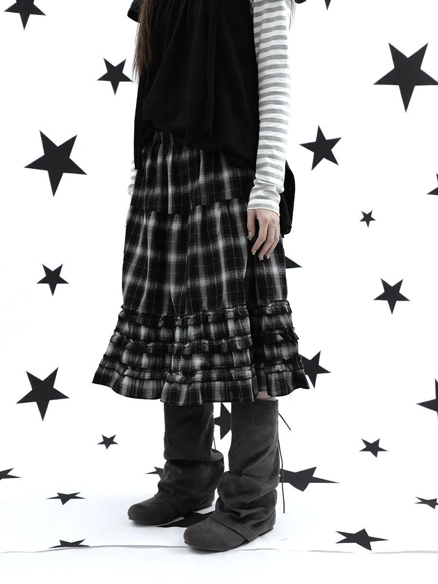 ang project Gray Plaid Ruffle Trim Patchwork Print Elastic Waist A Line Women&