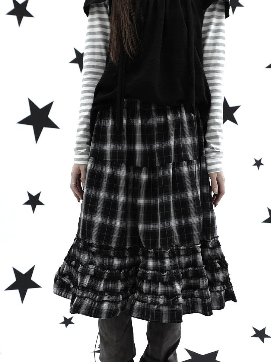 ang project Gray Plaid Ruffle Trim Patchwork Print Elastic Waist A Line Women&