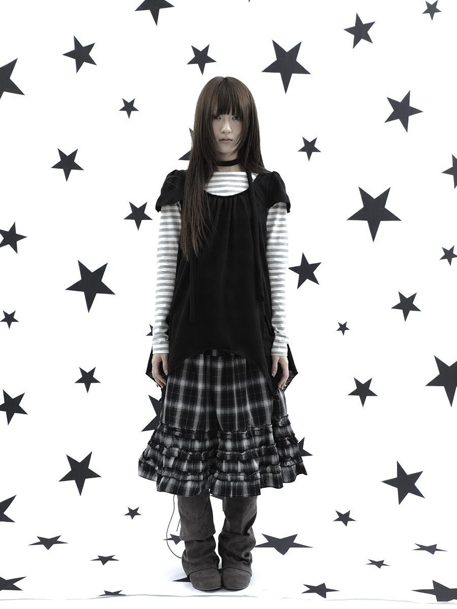 ang project Gray Plaid Ruffle Trim Patchwork Print Elastic Waist A Line Women&