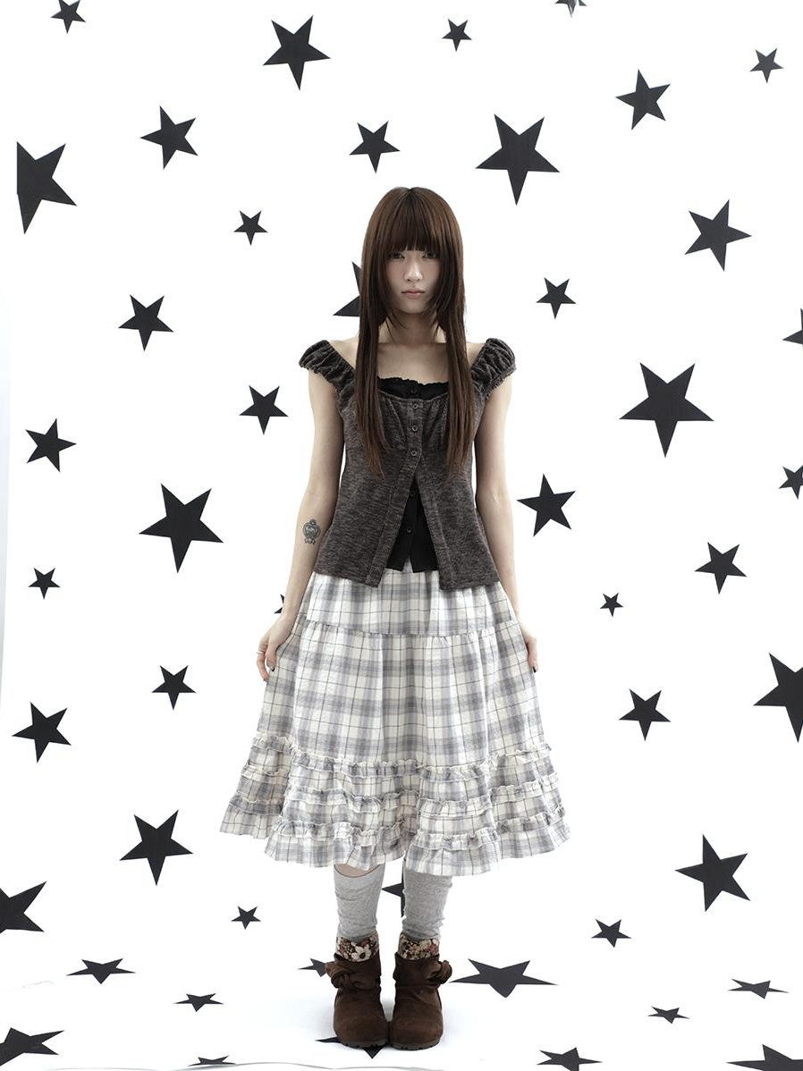 ang project Gray Plaid Ruffle Trim Patchwork Print Elastic Waist A Line Women&