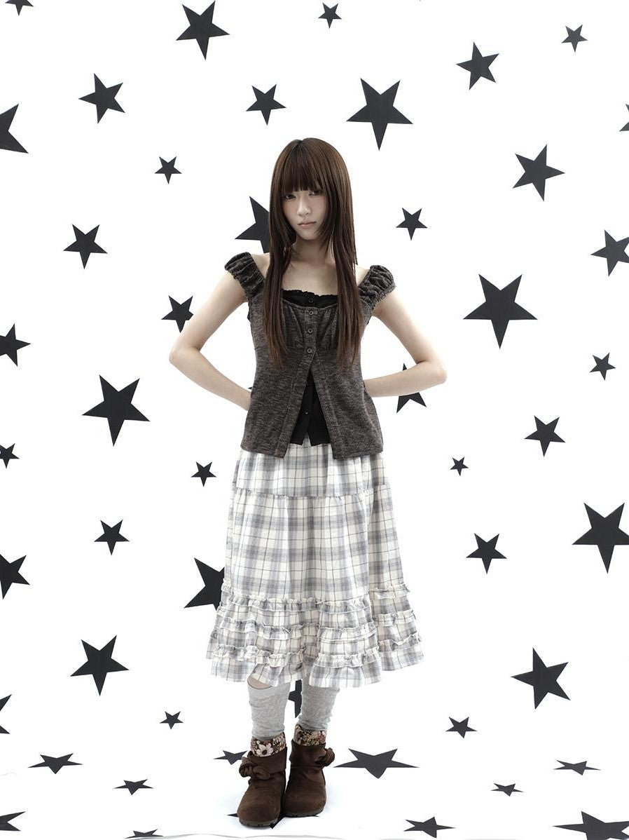 ang project Gray Plaid Ruffle Trim Patchwork Print Elastic Waist A Line Women&