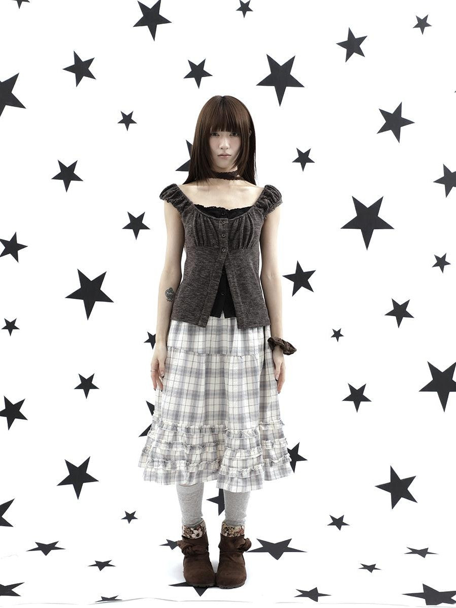 ang project Gray Plaid Ruffle Trim Patchwork Print Elastic Waist A Line Women&