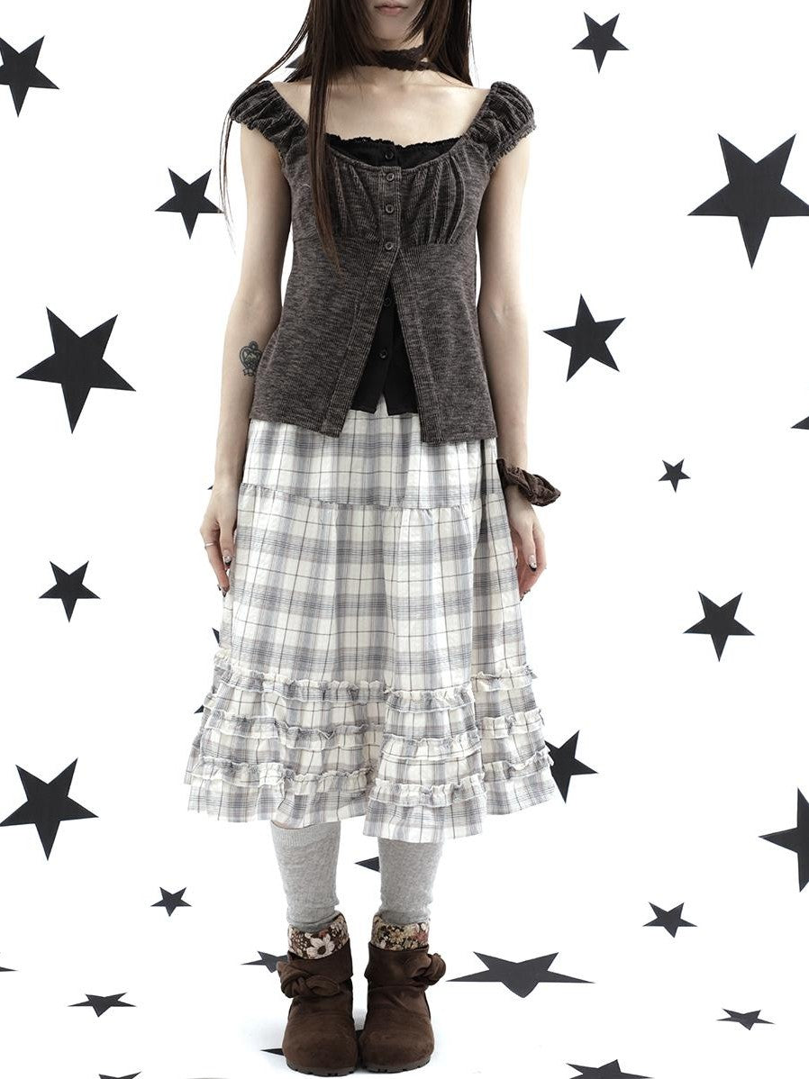 ang project Gray Plaid Ruffle Trim Patchwork Print Elastic Waist A Line Women&